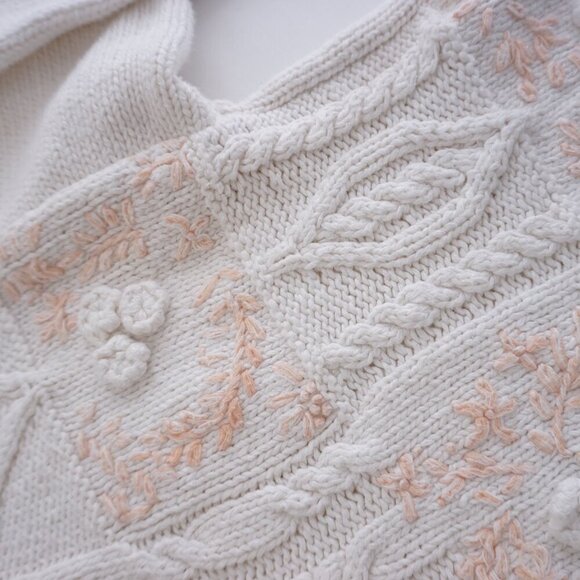 Vintage Sympatico Sportswear Cream w Peach Cable Knit Hearts Floral Sweater S - Picture 10 of 11